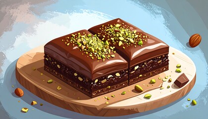 Delicious Chocolate Pistachio Cake Slices on Wooden Board