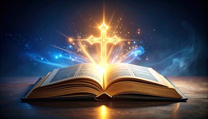 Mystical glow emanating from an open book with a cross symbolizing faith