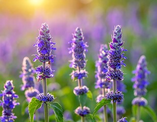 Vibrant purple flowers in a field bathed in golden sunlight