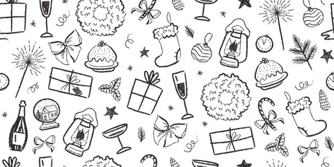 A Christmas retro seamless pattern. Doodle Sketch. Textured elements are crafted in a charcoal style. Wreath, glass of champagne, sparkler, clock, lollipop, pine cone, mistletoe, fir branch, lantern.
