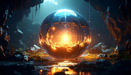 Glowing Sphere in a Dark Cave with Reflected Light