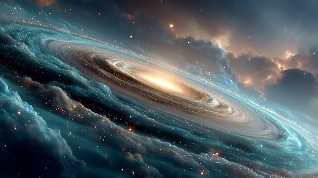 A breathtaking view of a swirling spiral with a luminous core amidst cosmic clouds and stars.