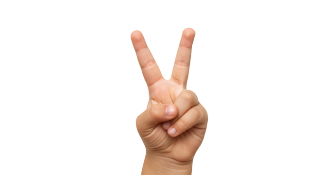 Kid hand showing victory and peace sign isolated on transparent