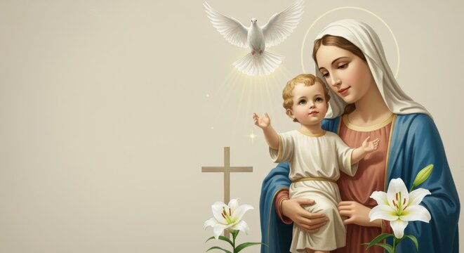 Mary and Jesus with a dove representing the Holy Spirit a symbol of faith and spirituality