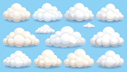 Cartoon clouds float in a light blue sky, rounded and stylized, with soft shadowing