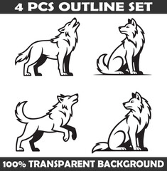 Obraz premium Set of Wolf Outline vector illustration isolated On Transparent Background