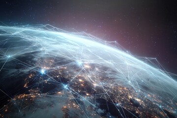 Glowing earth at night with digital network connections overlay