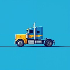Naklejka premium Minimalist illustration of blue, yellow semi-truck. Commercial vehicle features clean, modern design with bold lines, simple shapes. Truck shown in profile view against solid blue background, perfect