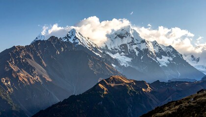 Mountain peaks, snow, clouds