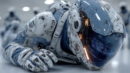 A futuristic astronaut in a damaged and scuffed spacesuit lies defeated on a sterile white floor.