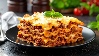 A savory portion of lasagna, layered with pasta, meat, and cheese, rests on a black plate