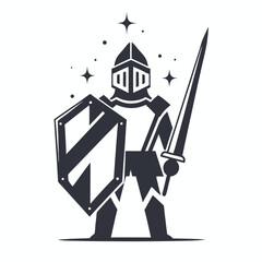 Silhouette of a medieval knight standing guard with his sword and shield, radiating courage