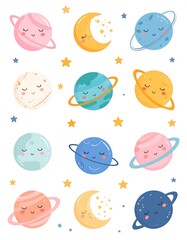 Cute cartoon planets and moon