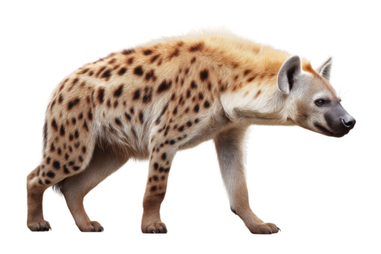Spotted hyena walking with alert expression on white background, cut out
