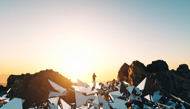 Abstract landscape with a person standing on fragmented glass against backdrop of a surreal sunset evoking feelings of mystery