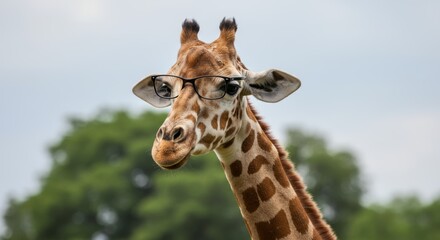 Fototapeta premium Close-up Portrait of a Giraffe Wearing Glasses in a Natural Habitat