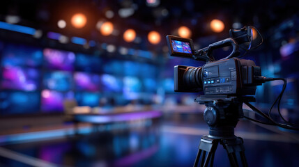 Professional video camera positioned in cinematic broadcast studio, featuring vibrant lighting and multiple screens in background, creates engaging atmosphere for filming