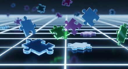 Abstract Digital Puzzle Pieces Floating Over a Neon Grid Background
