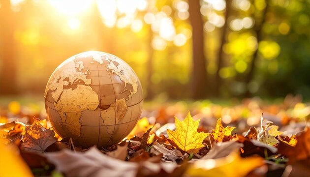 Fragile Earth, Globe Amongst Autumn Leaves Depicting Environmental Concerns - Powered by Adobe