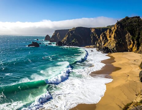 Scenic coastal view; waves crash on sandy beach, cliffs in background - Powered by Adobe