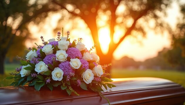 Floral tribute with white roses and purple flowers rests on coffin at sunset. Serene outdoor memorial gathering honors life with warm sunlight, conveying peace, love, and remembrance.