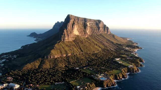 An aerial view captures the majestic table mountain rising above cape town, south africa, with the atlantic ocean stretching out to the horizon on a sunny day