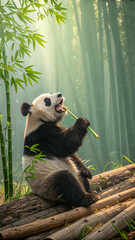 Obraz premium Panda eating bamboo on logs bear