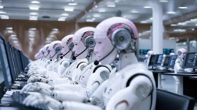 Synchronized humanoid robots performing complex digital tasks at computer workstations, wearing communication headsets in sleek high-tech office environment