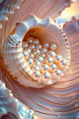 seashell on the beach. Beautiful shell filled with shiny pearls resting on a soft surface in warm light