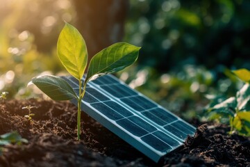 Young plant growing next to a solar panel in a lush green environment