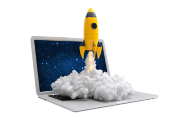 Laptop Startup Rocket Launch:  Dynamic 3D Render of Yellow Rocket Ship Taking Off from Computer Screen,  Space Background.