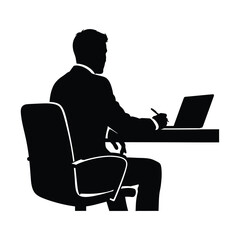 A man working on a laptop at a desk black silhouette