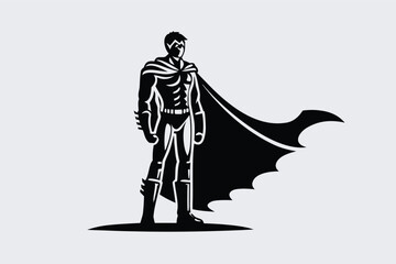 Silhouette of a young superhero with a flowing cape standing poised and ready to act © Bably