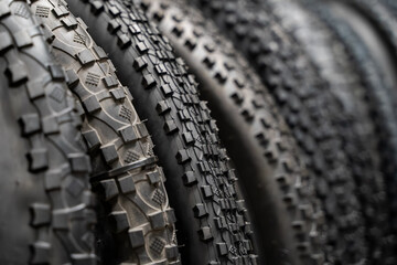 Close up of stacked mountain bike tires with textured tread pattern. © Erman Gunes