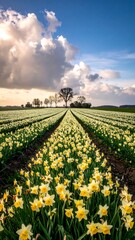 Field of daffodils under dramatic sky
