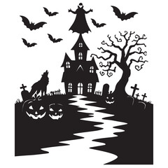 Haunted Halloween Scene with Ghosts, Jack-o'-Lanterns, Graveyard, Wolf, and Bats Black and White Silhouette Vector