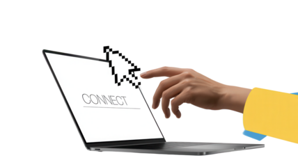 Hand using a laptop with a connect message online connection concept isolated on white