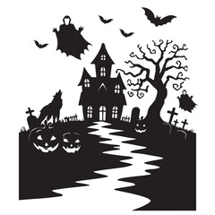 Spooky Halloween Silhouette with Haunted House, Jack-o'-Lanterns, Ghosts, Wolf, and Graveyard  Black and White Vector Scene