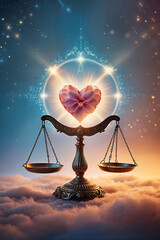 Heart balance symbol with scales and cosmic background showcasing harmony and love. zodiac sign