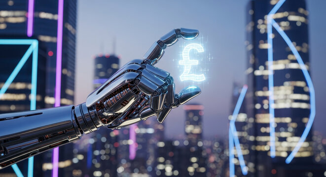 Futuristic Robotic Hand Holds Glowing Pound Sterling Symbol Over Cityscape - Powered by Adobe