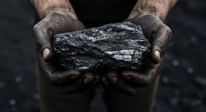 A worker's dirty, calloused hands holding a large lump of shiny black coal, symbolizing the energy industry, fossil fuels, and manual labor - Powered by Adobe