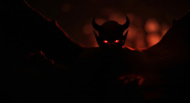 A menacing devil figure with glowing red eyes emerging from the shadows