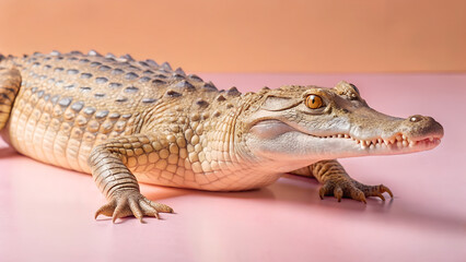 Fototapeta premium Close up of a young caiman reptile with scaly skin and sharp teeth isolated on transparent background