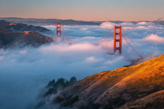 Golden gate bridge towers emerge from a sea of fog at sunrise