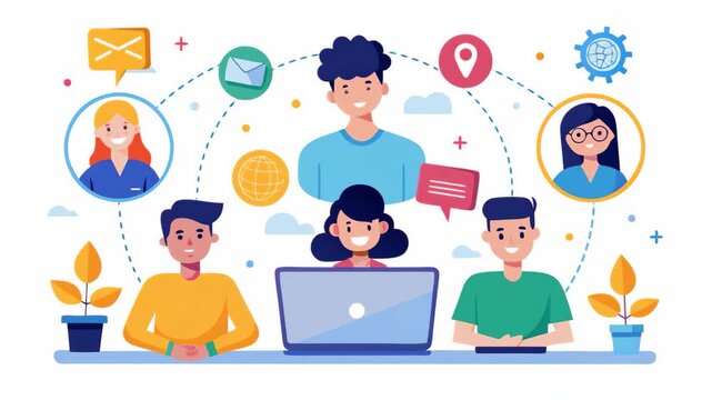 Healthcare professionals standing together in a colorful and friendly illustration during a team meeting flat 2d animation