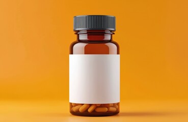 Obraz premium Amber glass pill bottle mockup with blank white label and black cap. Contains orange capsules. Ideal for showcasing medication, vitamins, supplements, or medical branding. Front view.