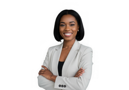 Confident black woman in a light gray blazer with arms crossed