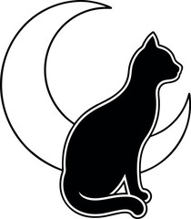 Cat Silhouette Merging with Crescent Moon Illustration on Transparent Background