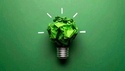 Crumpled green paper lightbulb on green background