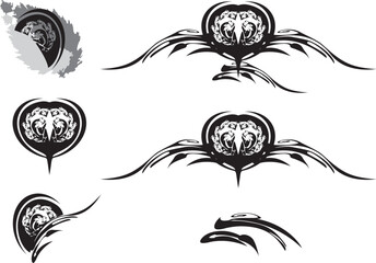 Lion motifs isolated on white for your creative ideas. Lion head in heart form and others for fashion trends and business concepts, covers, icons, logos, tiles, prints on T-shirts, cards, etc. Vector